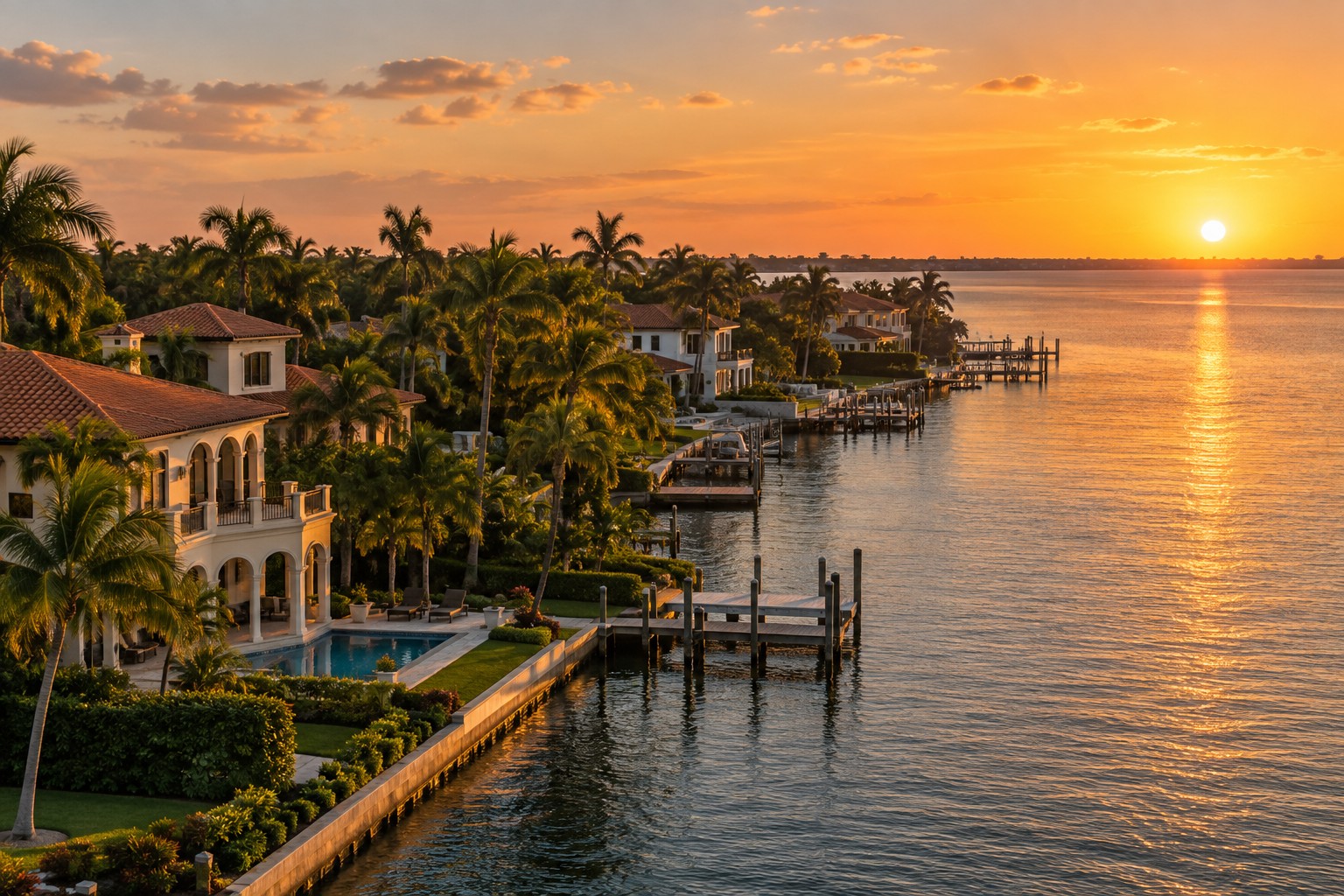 A Tampa Bay waterfront neighborhood at golden hour, illustrative