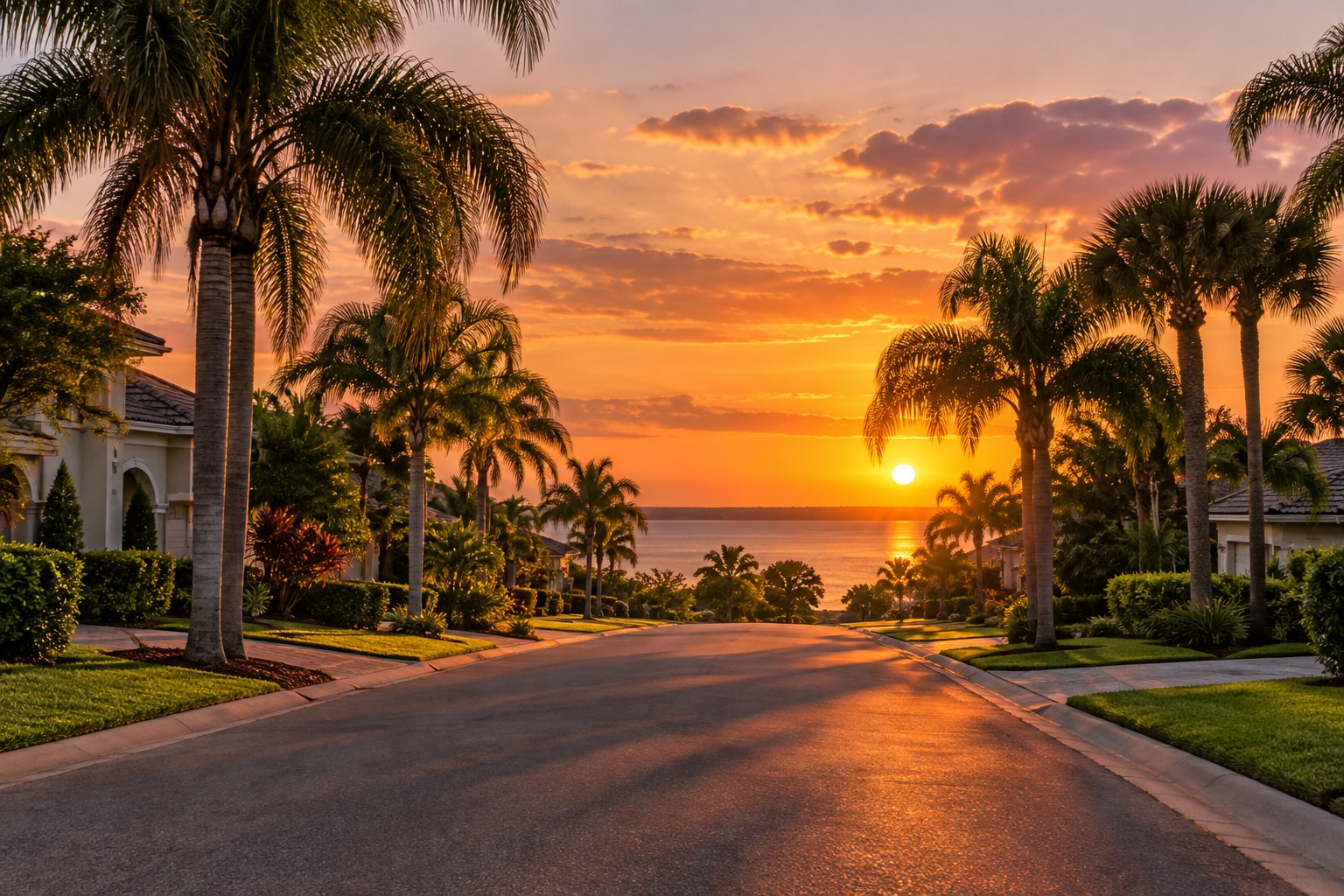 A Tampa Bay street at sunset, illustrative