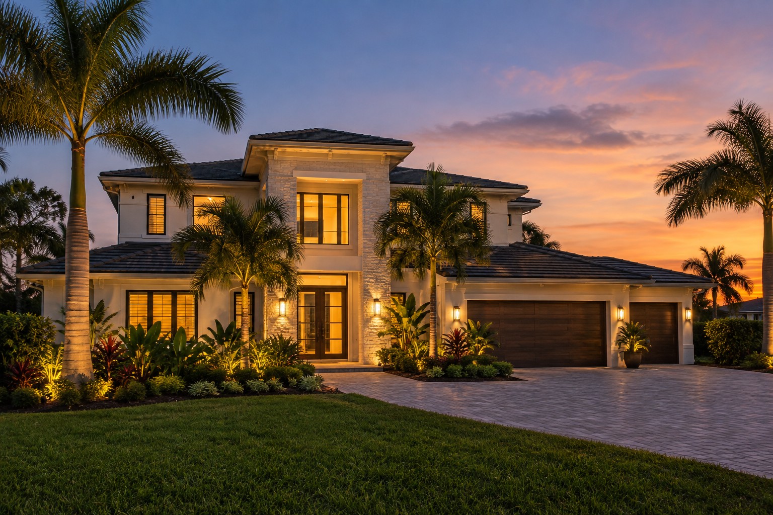 A Tampa Bay home exterior at dusk, illustrative
